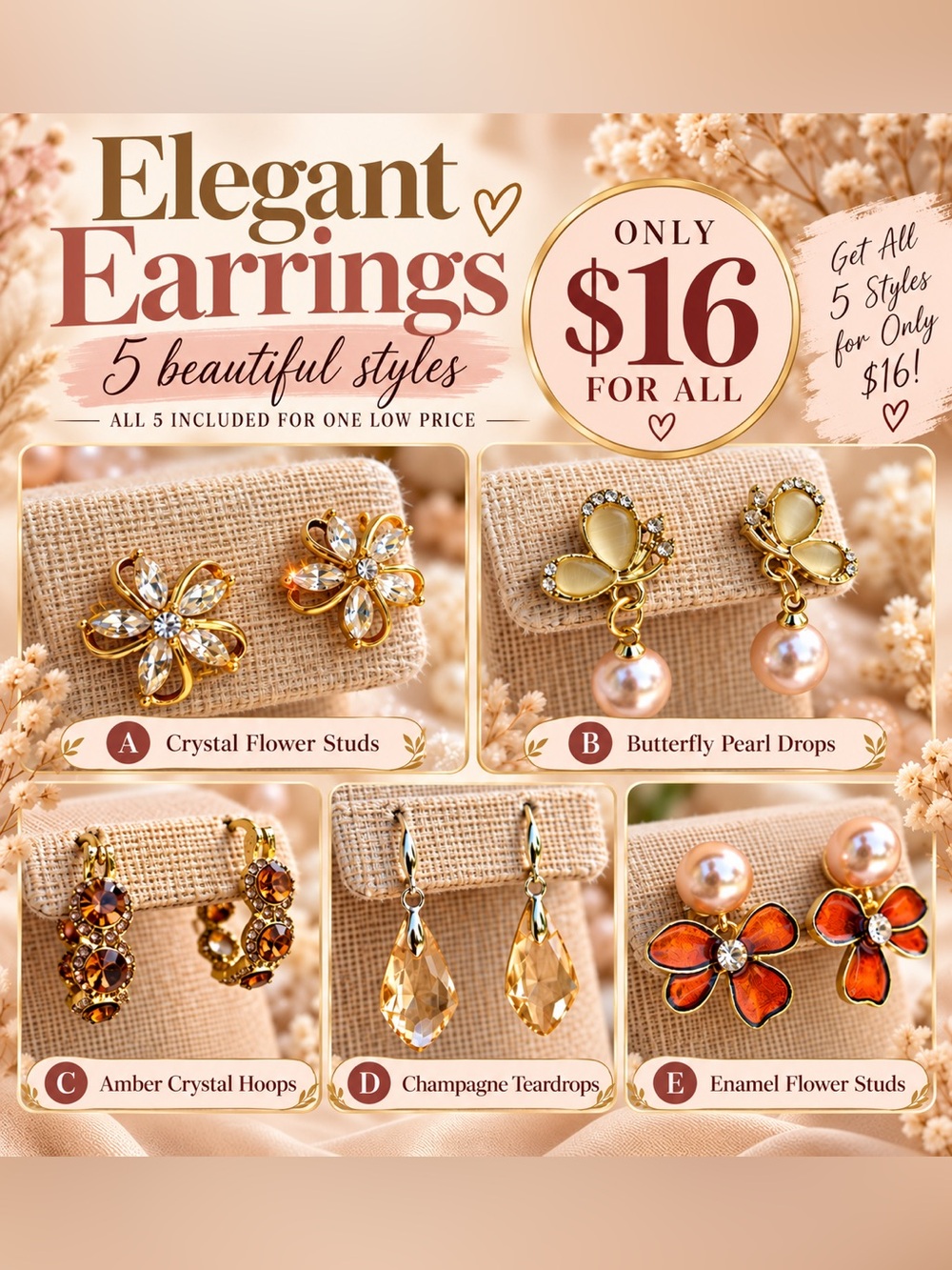 ✨SALE of THE DAY!!✨Elegant Gold-Tone Pearl & Crystal Earring Sets